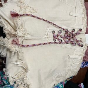Free People Cream Frayed Hem Shorts